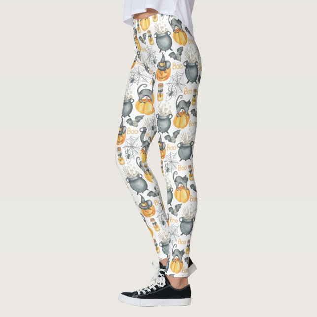 Whimsical Halloween Cauldron och Cats Mönster Leggings (Vänster)