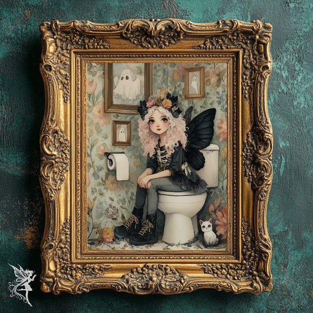 Whimsical Halloween Fairy on Toilet with Ghost Art Poster (Skapare uppladdad)