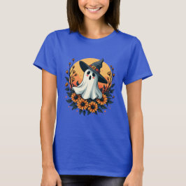 Whimsical Halloween Ghost in Witch Hat with Sunflo T Shirt