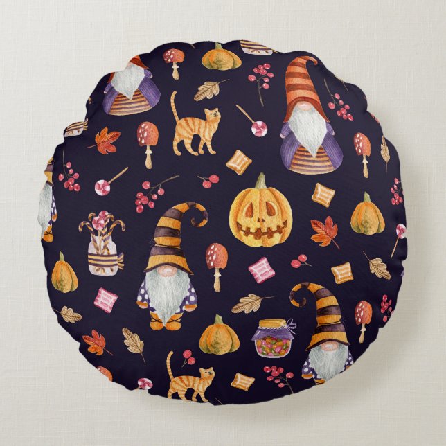 Whimsical Halloween: Gnomes & Pumpkins Rund Kudde (Framsidan)