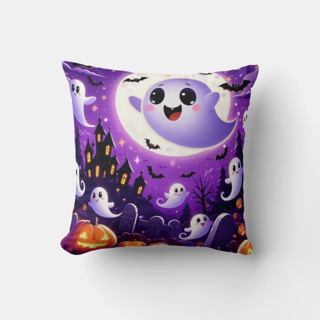 Whimsical Halloween Graveyard Scene - Cute Spöken Kudde (Framsida)