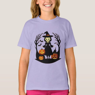 Whimsical Halloween-häxa Pumpa Fladdermöss Kuslig T Shirt
