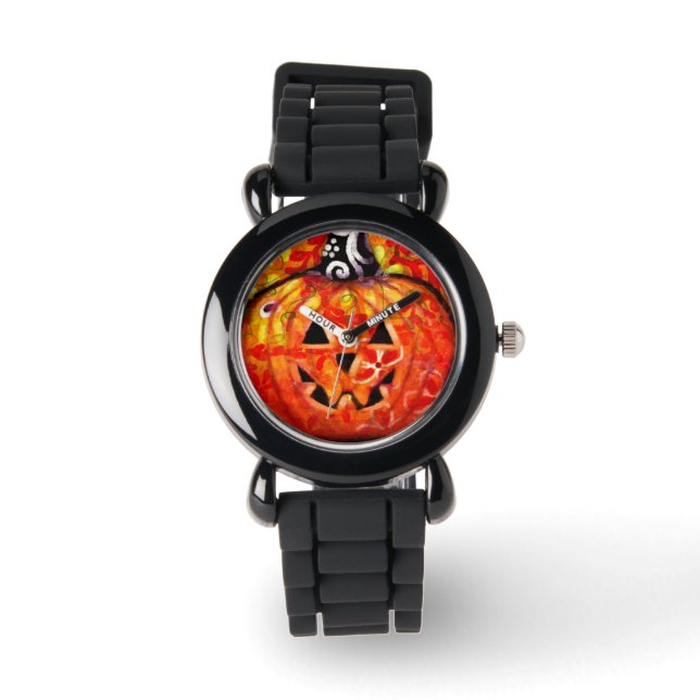 Whimsical Halloween Jack o lantern Blommigt Orange Armbandsur (Framsida)