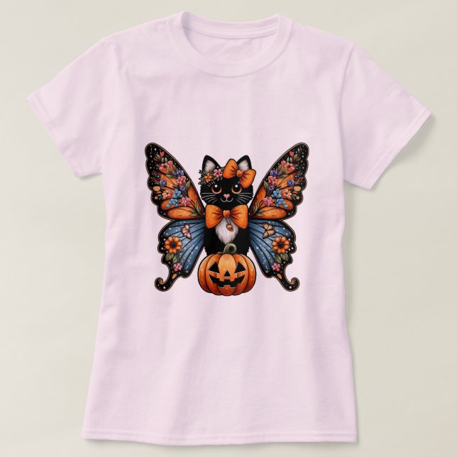 Whimsical Halloween Katt Fjärilsvingar Pumpa T Shirt (Design framsida)