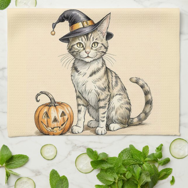Whimsical Halloween Kittel Köksduk, Höst Katt Kökshandduk (Vikta)