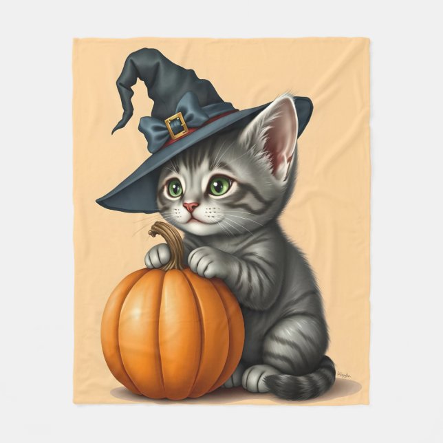 Whimsical Halloween Kitten, Adorable Kitten Witch, Fleecefilt (Framsidan)