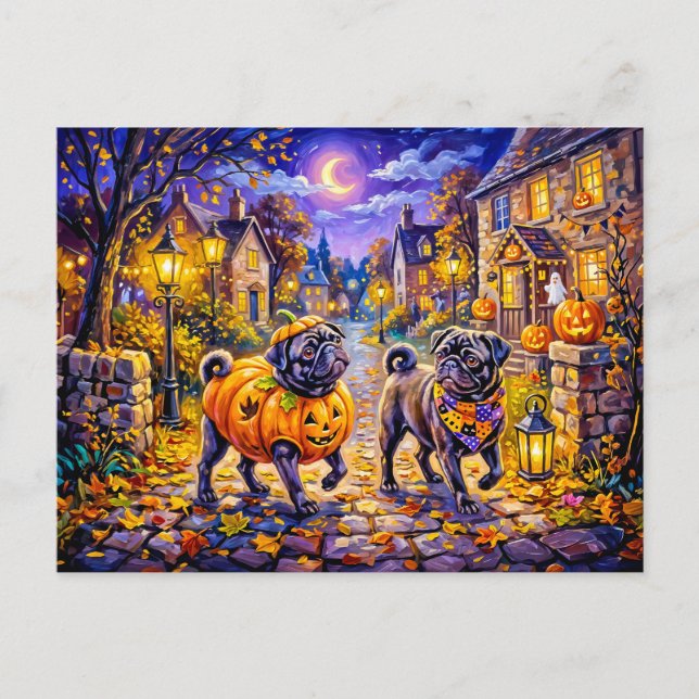 Whimsical Halloween-kostym Mops Hundillustration Vykort (Framsida)