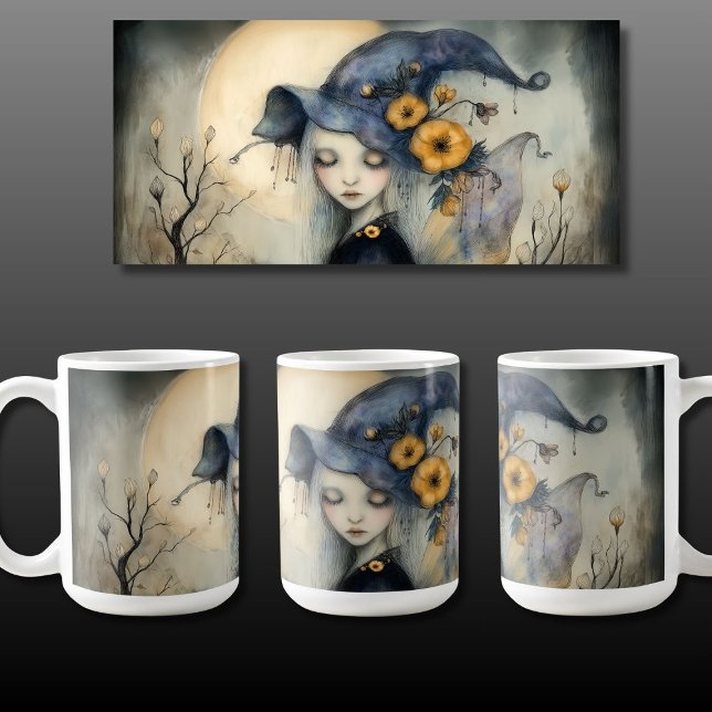 Whimsical Halloween Måne Witch med Vingar Kaffemugg (Skapare uppladdad)