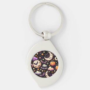 Whimsical Halloween Night Himmel Mönster Swirl Silverfärgad Nyckelring