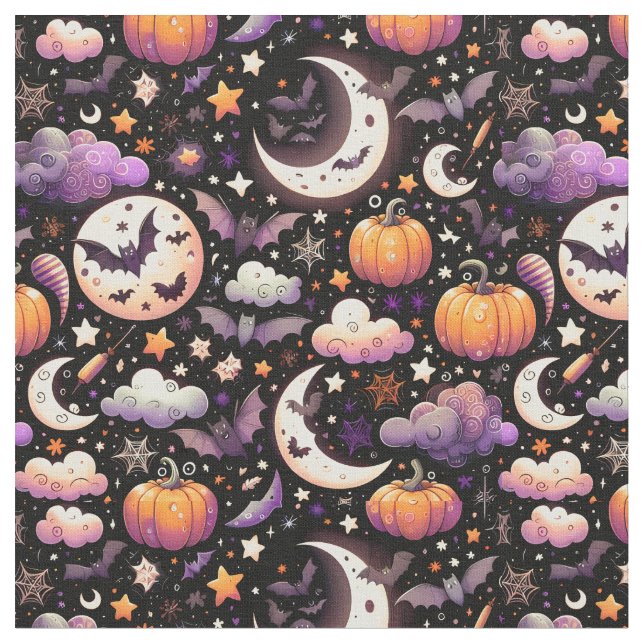 Whimsical Halloween Night Himmel Mönster Tyg (Närbild)