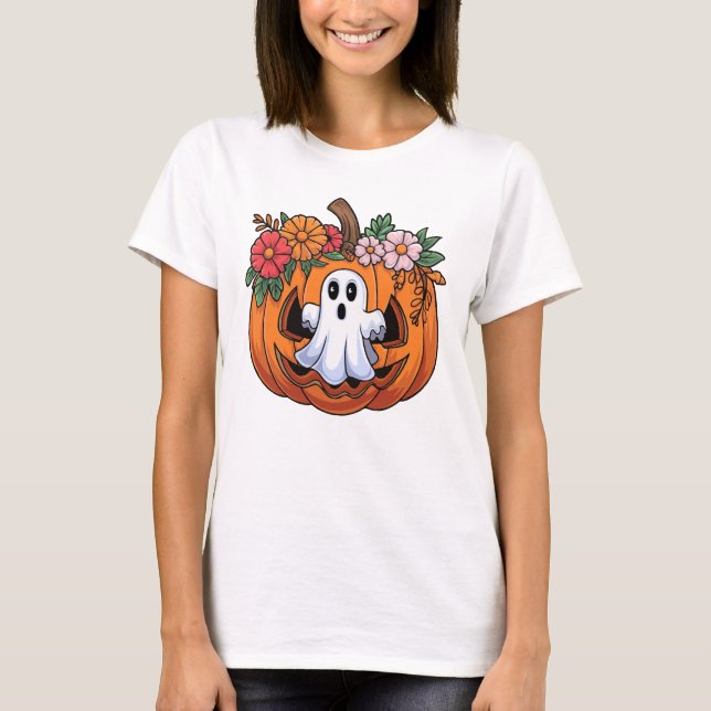 Whimsical Halloween Pumpkin Playful Ghost T-Shirt (Framsida)