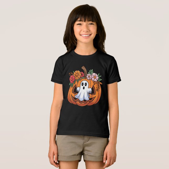 Whimsical Halloween Pumpkin Playful Ghost T-Shirt (Framsida Full)