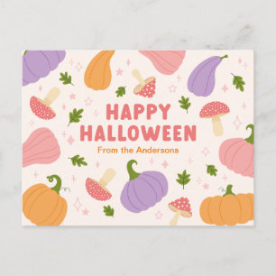 Whimsical Halloween Pumpkins and Mushroom Vykort