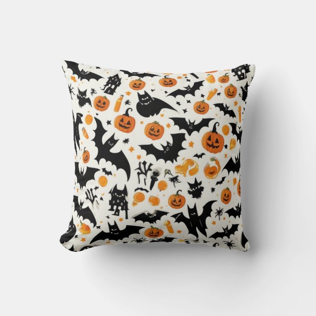 Whimsical Halloween Pumpkins & Fladdermus Mönster  Kudde (Framsida)
