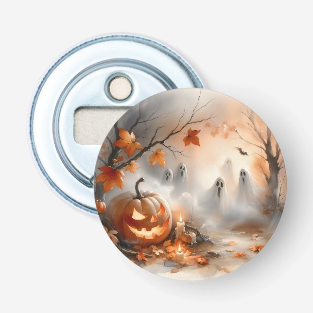 Whimsical Halloween-scen med pumpkin och spöken Flasköppnare (Framsidan)