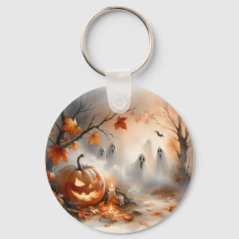 Whimsical Halloween-scen med pumpkin och spöken Nyckelring