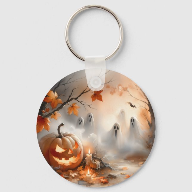 Whimsical Halloween-scen med pumpkin och spöken Nyckelring (Baksida)