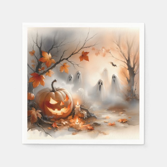 Whimsical Halloween-scen med pumpkin och spöken Pappersservett (Framsidan)