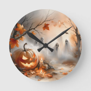 Whimsical Halloween-scen med pumpkin och spöken Rund Klocka