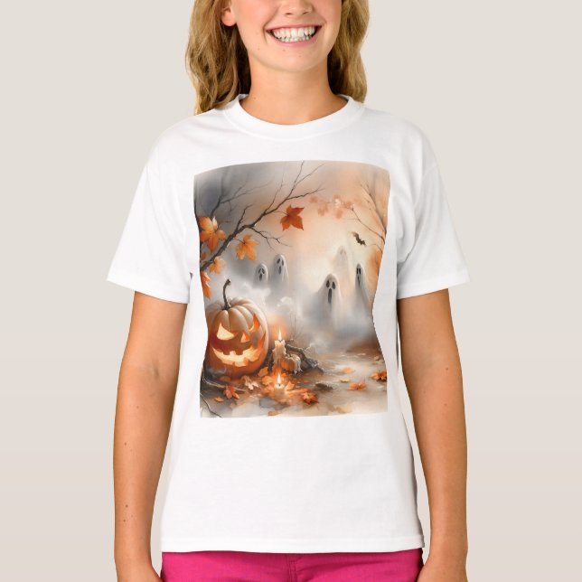 Whimsical Halloween-scen med pumpkin och spöken T Shirt (Framsida)