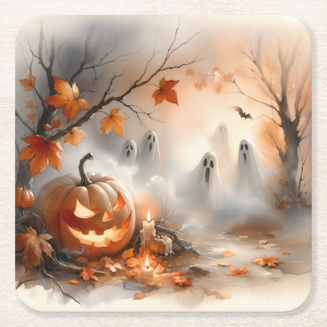 Whimsical Halloween-scen med pumpkin och spöken Underlägg Papper Kvadrat (Framsidan)