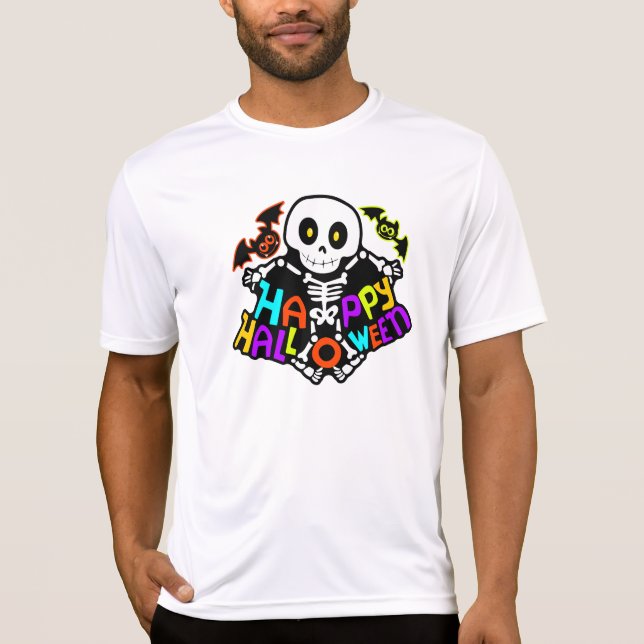 Whimsical Halloween Skeleton och Fladdermus Design T Shirt (Framsida)