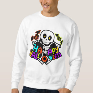 Whimsical Halloween-skelett och fladdermusdesign Lång Ärmad Tröja