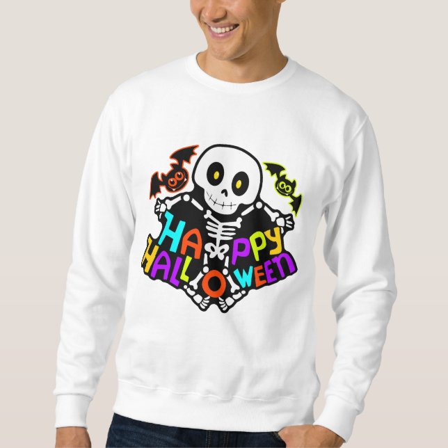 Whimsical Halloween-skelett och fladdermusdesign Lång Ärmad Tröja (Framsida)