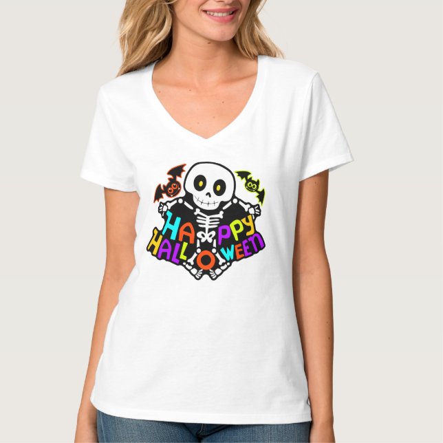 Whimsical Halloween-skelett och fladdermusdesign T Shirt (Framsida)