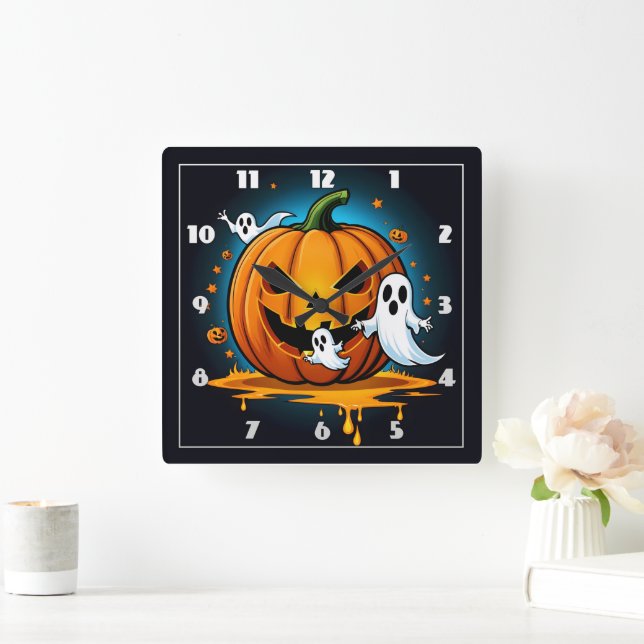 Whimsical Halloween spöken kring en spooky-pumpkin Fyrkantig Klocka (Hem)