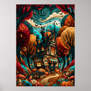 Whimsical Halloween stuga höstskog Poster