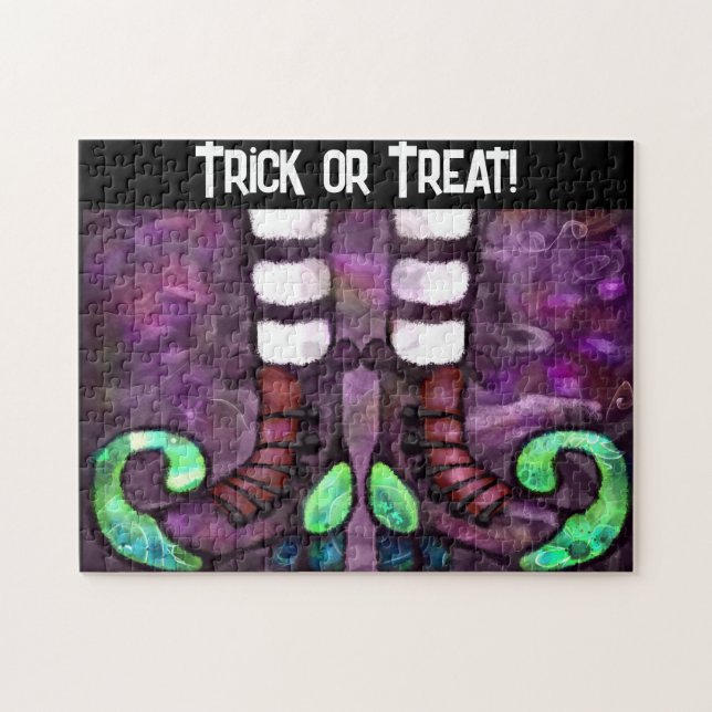 Whimsical Halloween Witch Boots Lila Grönt Pussel (Horisontell)