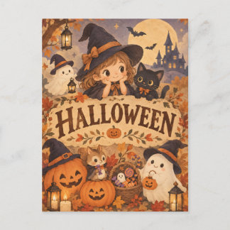 Whimsical Halloween Witch & Friends Post Card Vykort