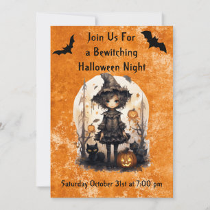 Whimsical Halloween Witch och hennes Kattdjur vänn Inbjudningar