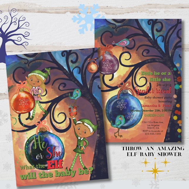 Whimsical Han eller Hon Alv & Fågel Kön Invitation Inbjudningar (Whimsical He or She Elf & Bird Gender Invitation)