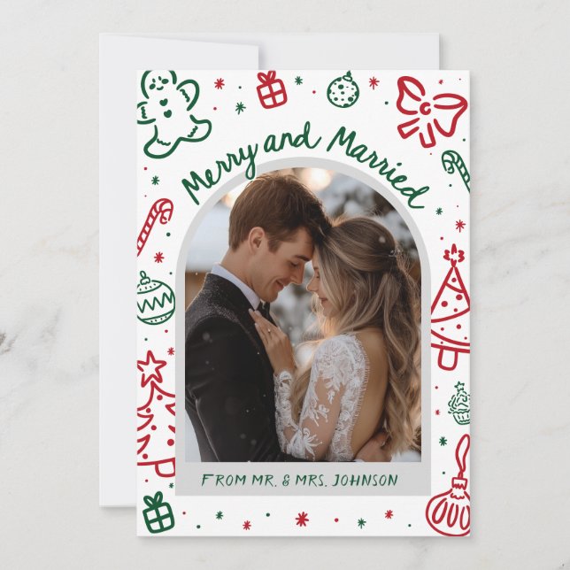 Whimsical Hand Drawn Arch Photo Married and Merry Julkort (Framsida)
