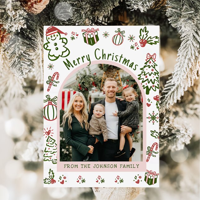Whimsical Hand Drawn Arch Photo Merry Christmas Julkort (Skapare uppladdad)