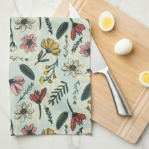 Whimsical Hand Drawn Blommigt Kitchen Towel