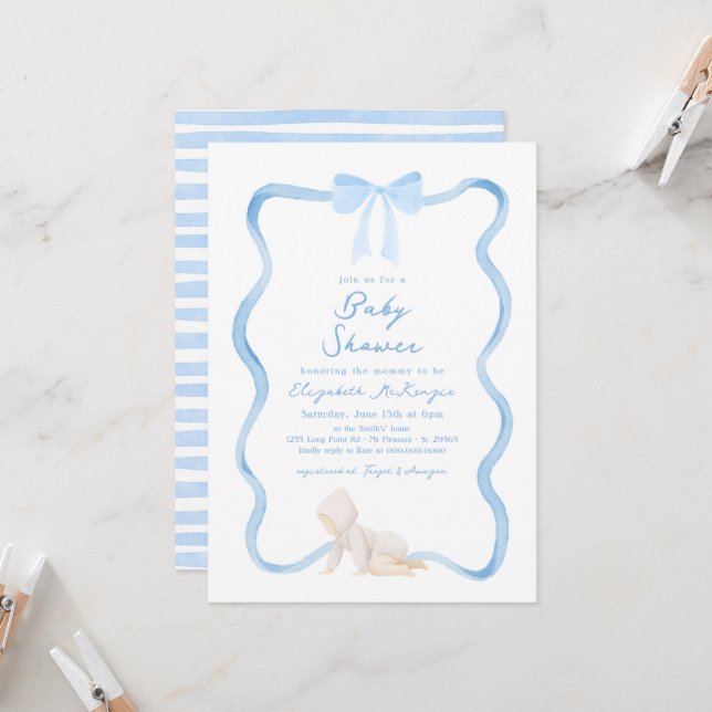Whimsical Hand Drawn Blue Bow Boy Baby Shower Inbjudningar (Fram/Back In Situ)