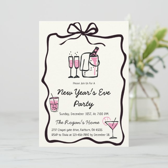 Whimsical Hand Drawn Bow Frame New Year Eve Party Inbjudningar (Stående Fram)