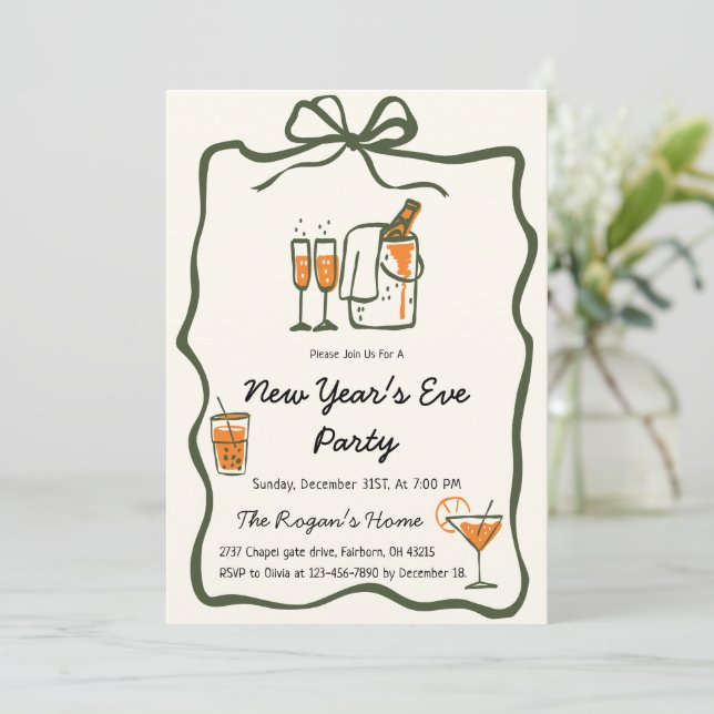 Whimsical Hand Drawn Bow Frame New Year Eve Party Inbjudningar (Stående Fram)