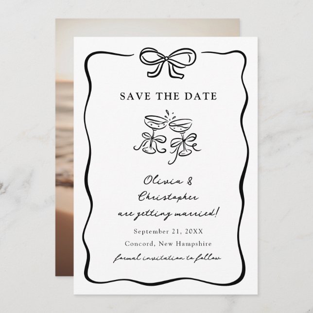 Whimsical Hand Drawn Bow Frame Save the Date Inbjudningar (Fram/baksida)