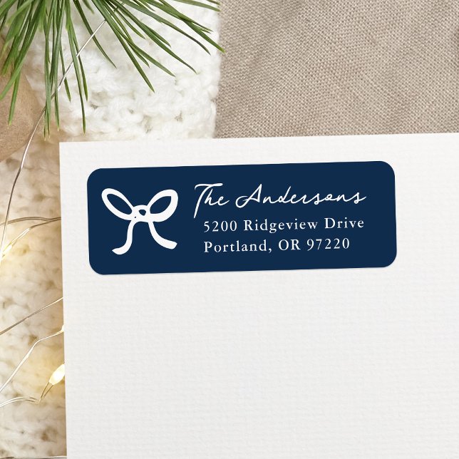 Whimsical Hand Drawn Bow Navy Returadress Etikett (Skapare uppladdad)
