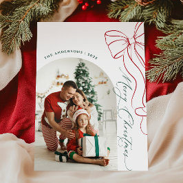 Whimsical Hand Drawn Bow Red Christmas Photo Card Julkort