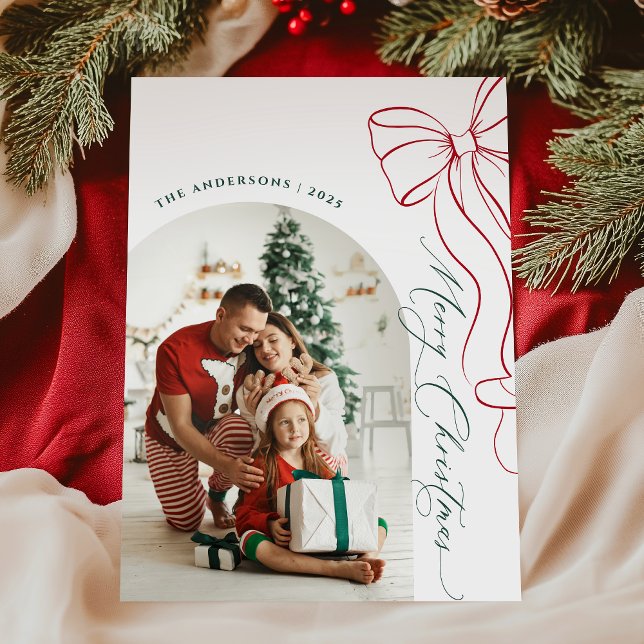 Whimsical Hand Drawn Bow Red Christmas Photo Card Julkort (Skapare uppladdad)