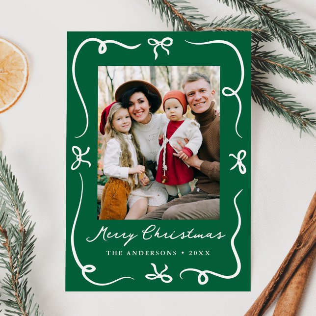 Whimsical Hand Drawn Bows Grönt 2 Fotojul Julkort (Skapare uppladdad)
