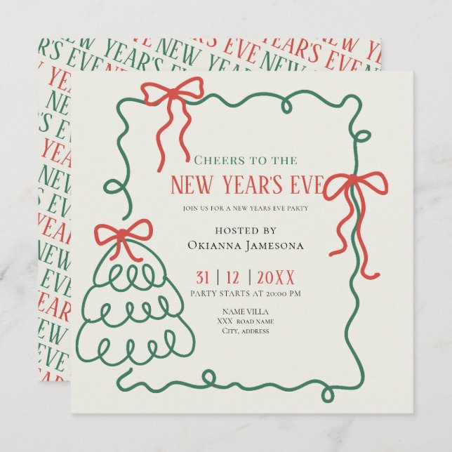 Whimsical Hand Drawn Champagne New Years Eve Party Inbjudningar (Fram/baksida)