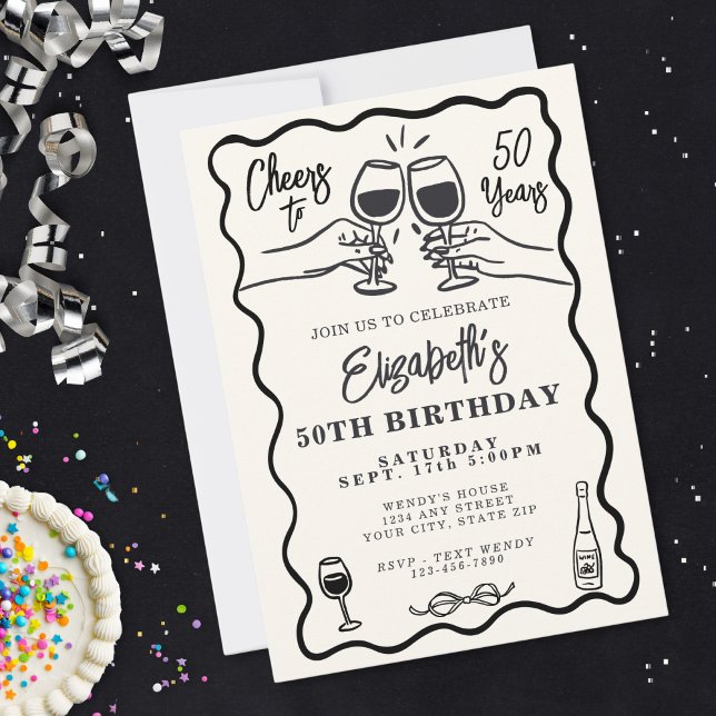 Whimsical Hand Drawn Cheers to 50 Years Birthday  Inbjudningar (Skapare uppladdad)