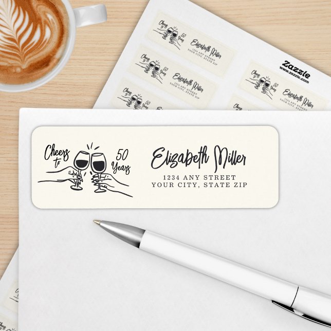 Whimsical Hand Drawn Cheers to 50 Years Birthday  Returadress Etikett (Skapare uppladdad)