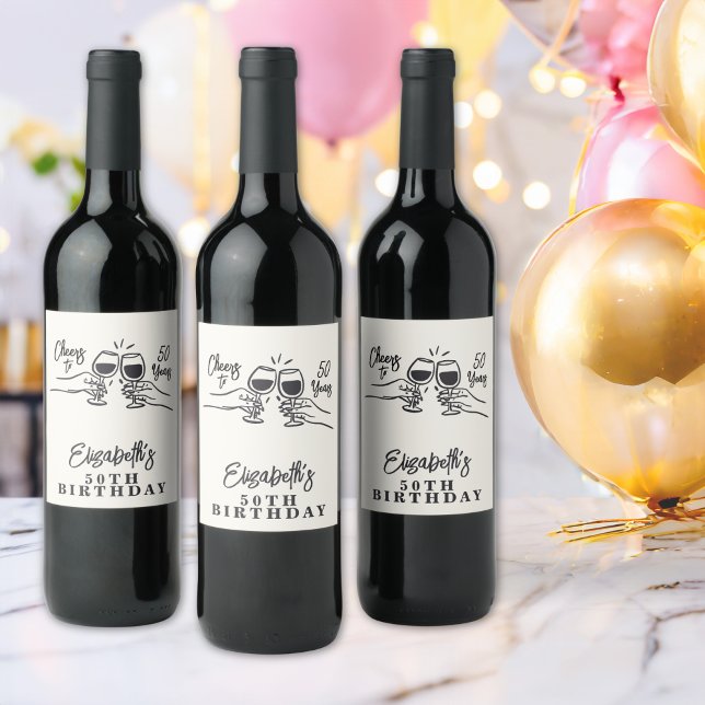 Whimsical Hand Drawn Cheers to 50 Years Birthday  Vinflaska Etikett (Skapare uppladdad)